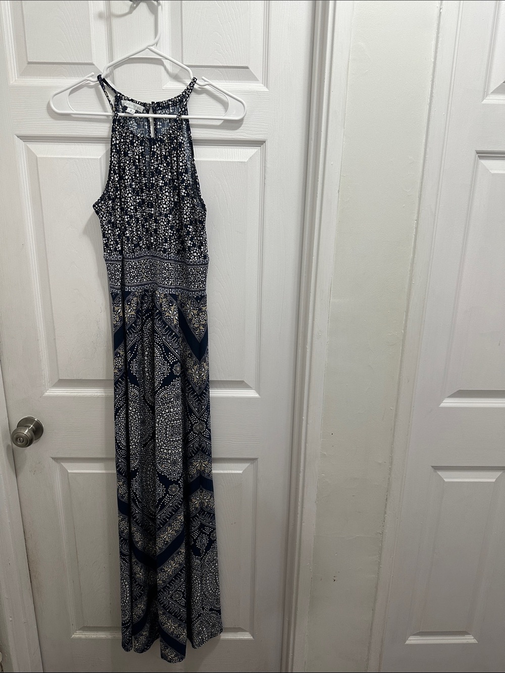 Navy and White Halter-Style Patterned Maxi Dress